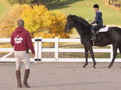 An instructor giving horse riding lessons to a trainee